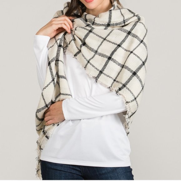 Scarf Shall Blanket Wrap Tartan Acrylic Soft Black White - Picture 2 of 4